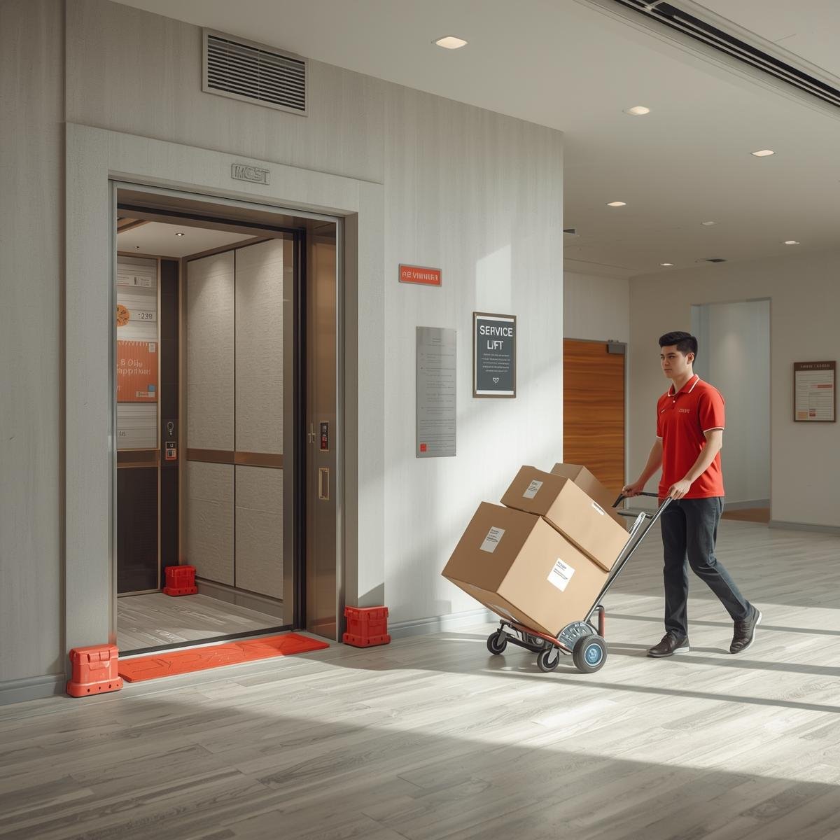 Service lift with padding and mover trolley in a Singapore condo lobby during a booked move.