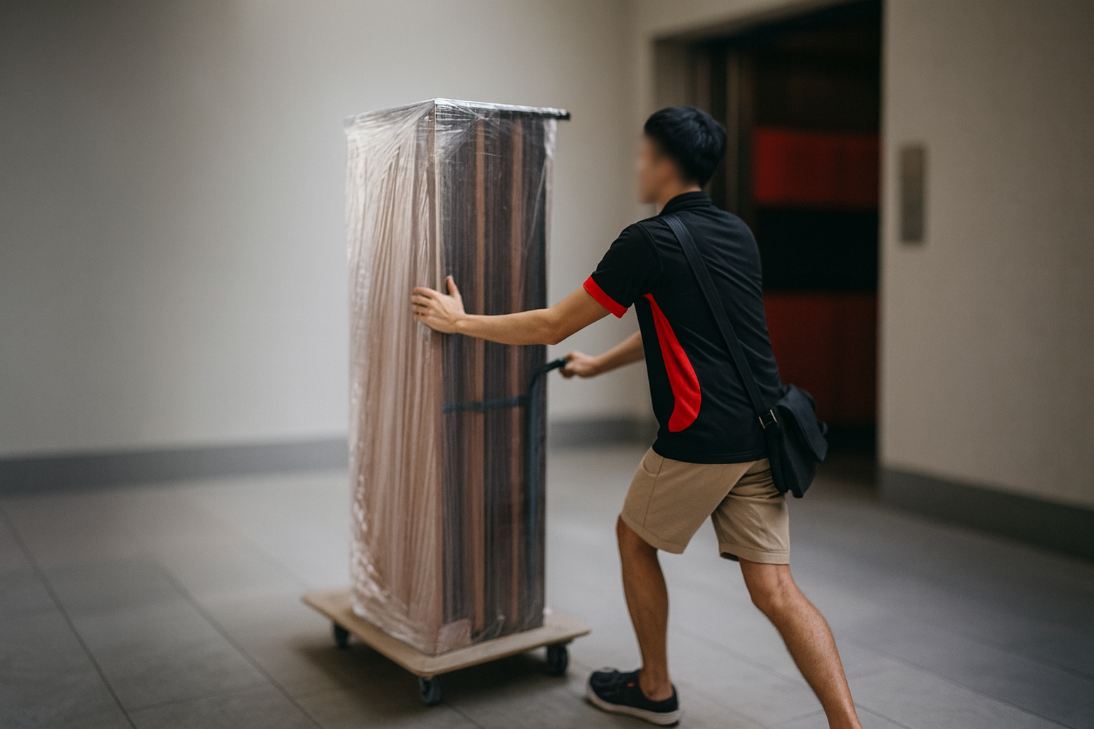 Mover with trolley at a Singapore condo service lift and warning icons, illustrating why $280 per load doesn’t add up